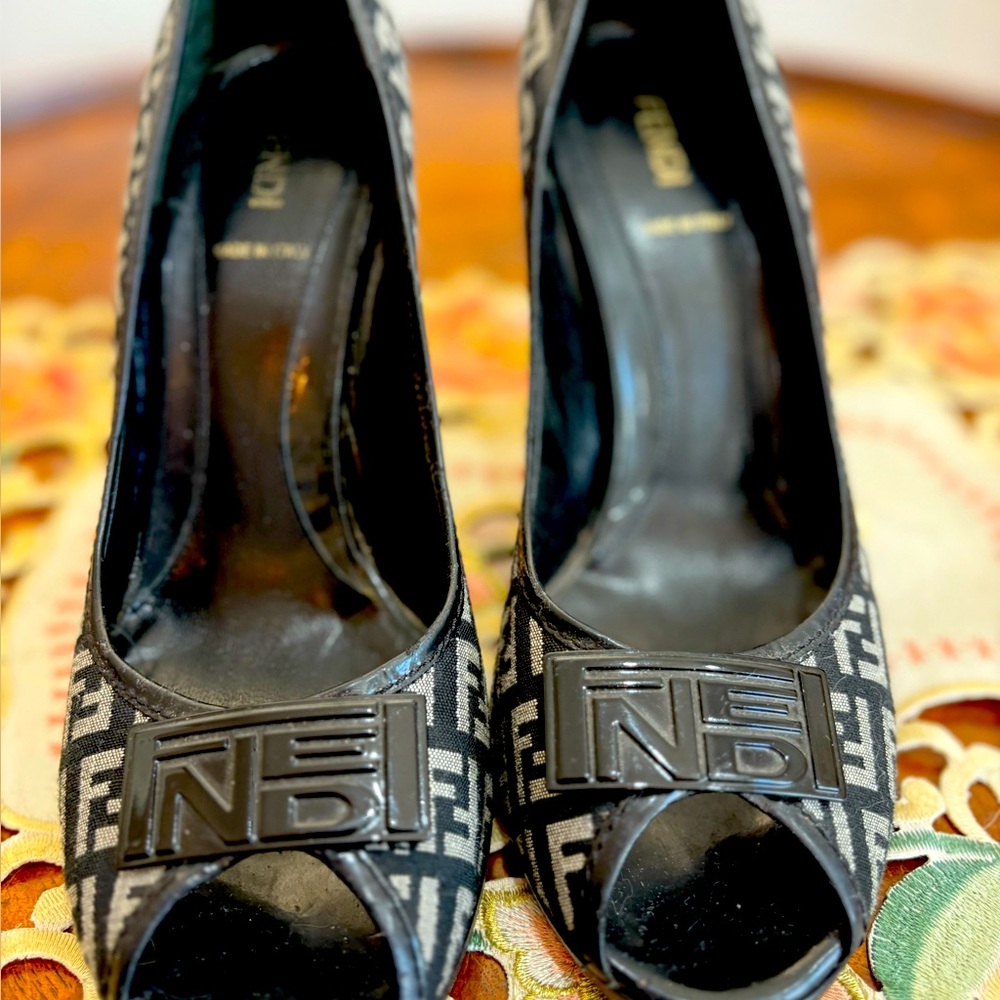 Fendi Monogram Black Peep-Toe Heels